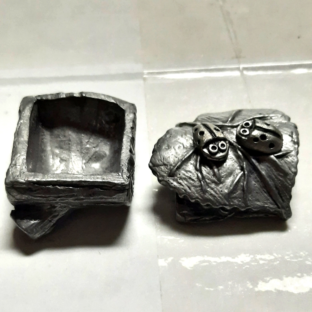 NEW | Handcrafted Pewter Ladybug Stud Earrings on Leaf Trinket Box